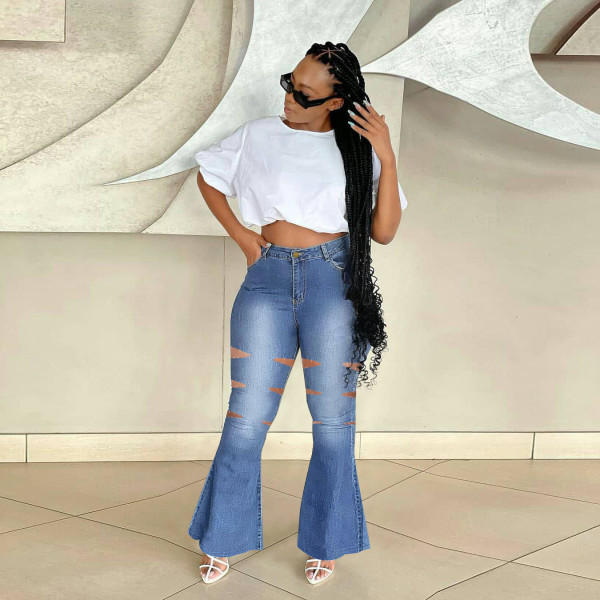 Women's plus size women's low stretch ripped bootcut jeans women