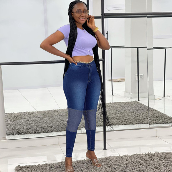 Plus size women's high waist mid-high stretch stitching jeans