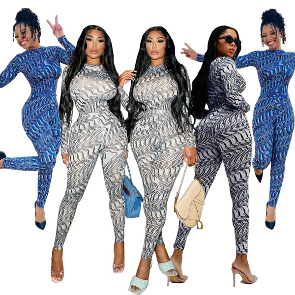 Women's sexy slim round stand collar printed two-piece suit