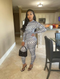 Women's sexy slim round stand collar printed two-piece suit