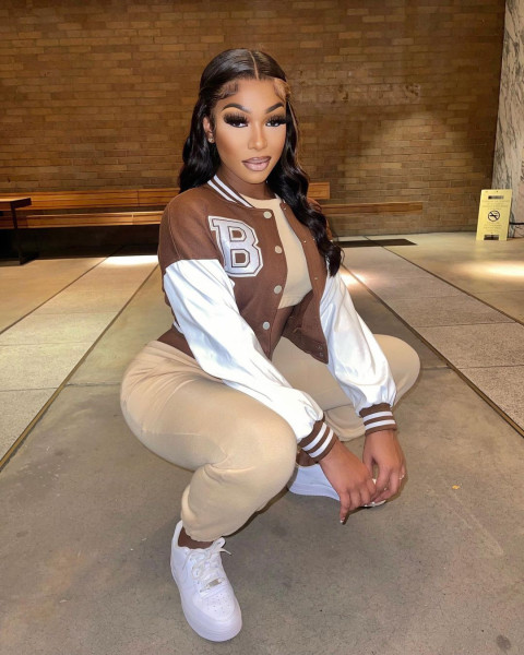 Colorblock printed leather sleeve baseball jacket cropped jacket YJ21091