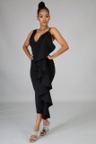 Solid color ruffled irregular dress