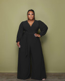 Large size women's casual V-neck wide-leg jumpsuit (including belt)