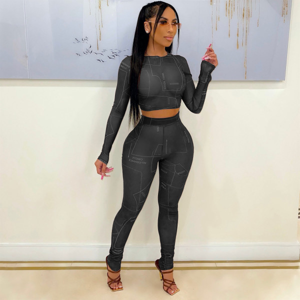 Ladies' Letter Printing Net Yarn Two-piece Casual Suit