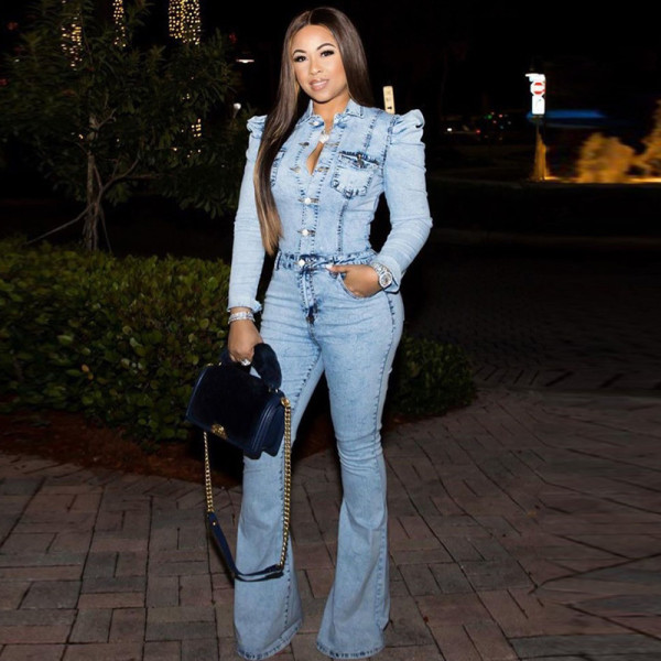 Denim wash water fashion casual slim bodysuit solid color jumpsuit