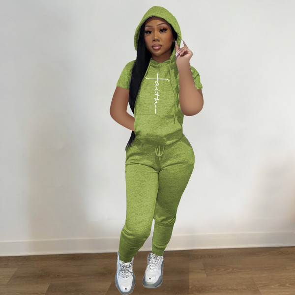 Women's spring and summer fashion sports sweater hooded logo short sleeve two-piece suit