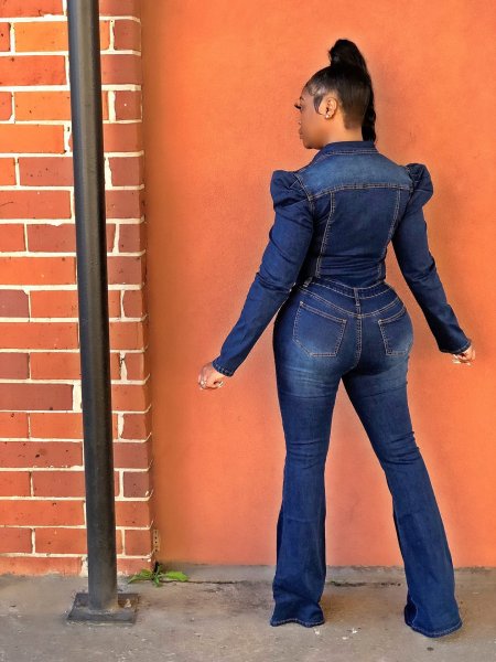 Denim wash water fashion casual slim bodysuit solid color jumpsuit