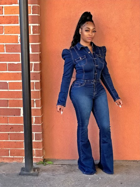 Denim wash water fashion casual slim bodysuit solid color jumpsuit