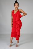 Solid color ruffled irregular dress