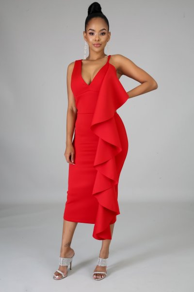 Solid color ruffled irregular dress