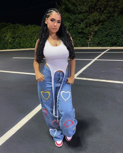 New style multi-pocket heart-shaped color print jeans flared pants women
