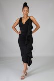 Solid color ruffled irregular dress
