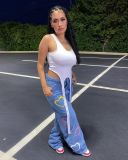 New style multi-pocket heart-shaped color print jeans flared pants women