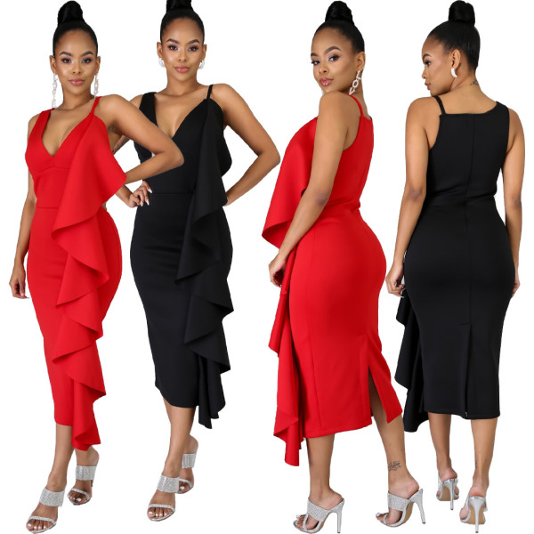 Solid color ruffled irregular dress