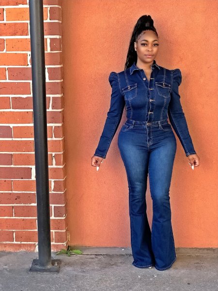 Denim wash water fashion casual slim bodysuit solid color jumpsuit