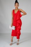 Solid color ruffled irregular dress
