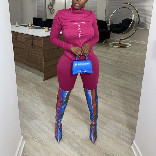 Sports tight-fitting letters printed autumn and winter long-sleeved high-neck women's suit