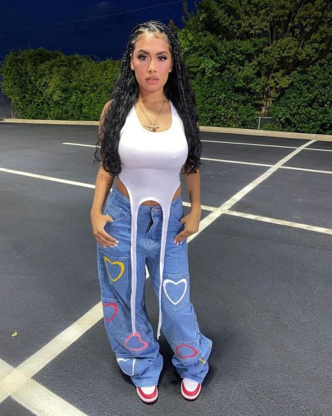 New style multi-pocket heart-shaped color print jeans flared pants women