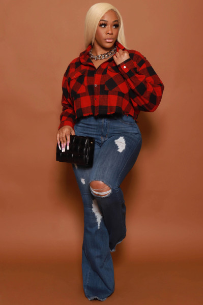 Plaid ripped pocket shirt top
