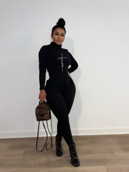 Sports tight-fitting letters printed autumn and winter long-sleeved high-neck women's suit