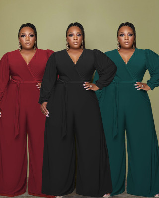 Large size women's casual V-neck wide-leg jumpsuit (including belt)