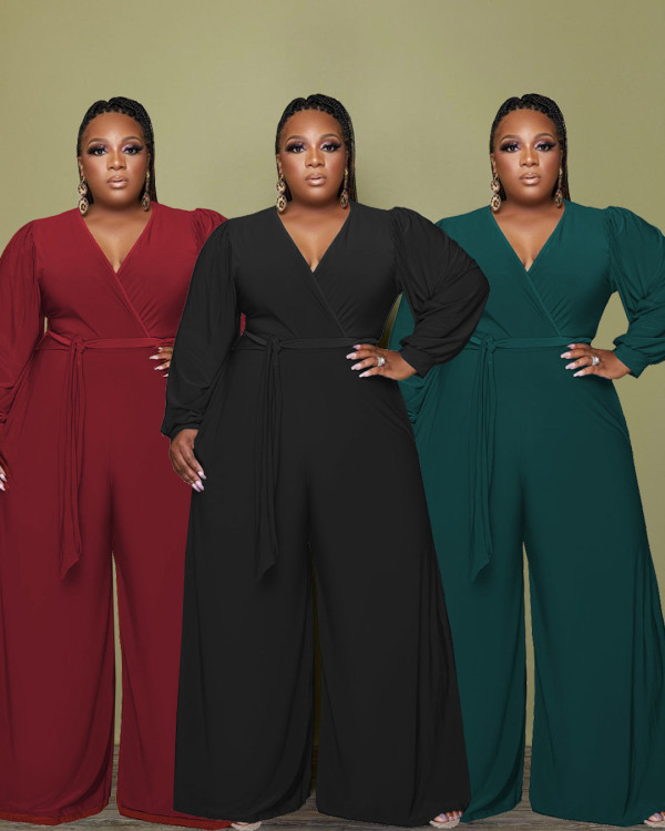 Large size women's casual V-neck wide-leg jumpsuit (including belt)
