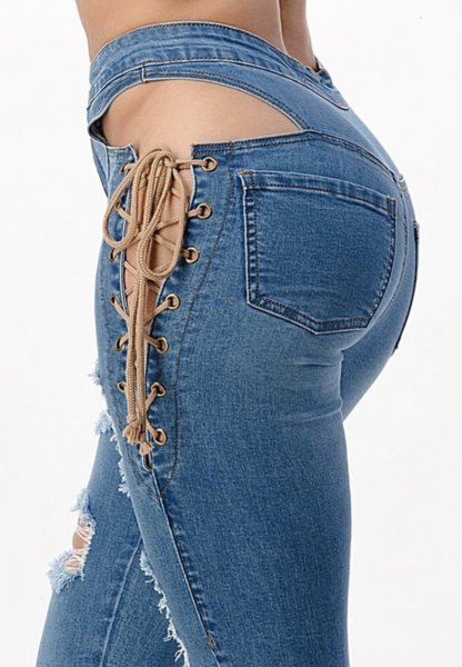 Women's new style stretch jeans with side straps and exposed waist