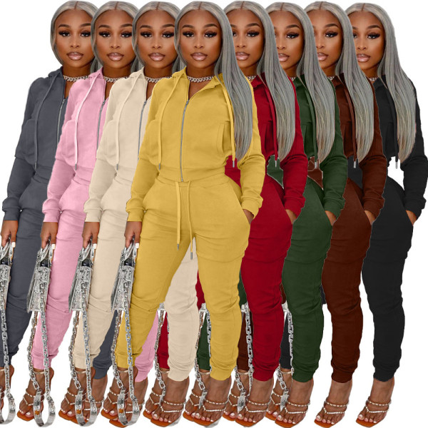 Fashion women's clothing de velvet fabric hooded zipper casual suit