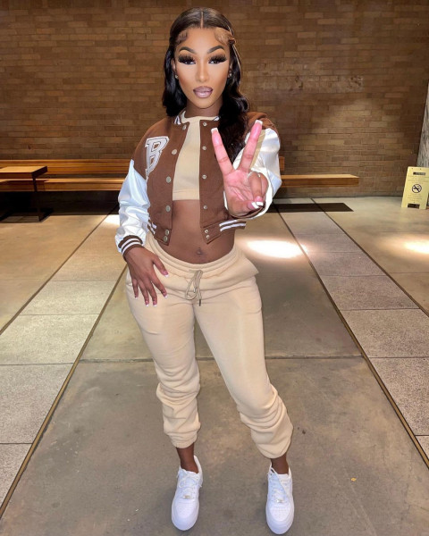 Colorblock printed leather sleeve baseball jacket cropped jacket YJ21091