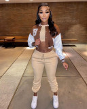 Colorblock printed leather sleeve baseball jacket cropped jacket YJ21091