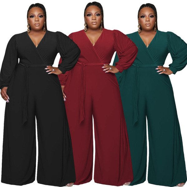 Large size women's casual V-neck wide-leg jumpsuit (including belt)