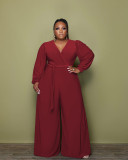 Large size women's casual V-neck wide-leg jumpsuit (including belt)