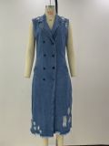 New style denim vest jacket suit collar denim dress long