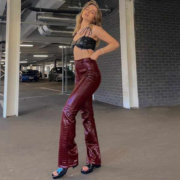 Slim trousers women's autumn new style crocodile pattern slimming loose leather pants