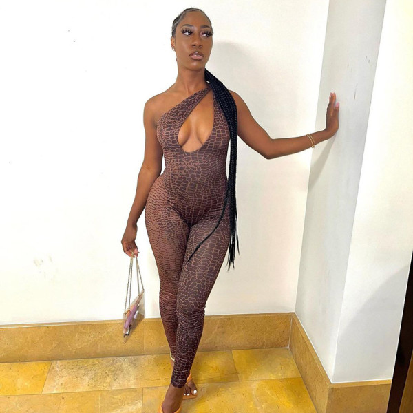 Sexy one-shoulder snakeskin suit female beach temperament cutout jumpsuit