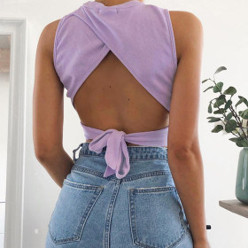 Halter cross tie bow tie women sweet sleeveless pullover round neck vest