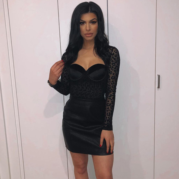 Sexy see-through net leopard pattern stitching one-piece women's long-sleeved square neck mesh slim slimming base coat