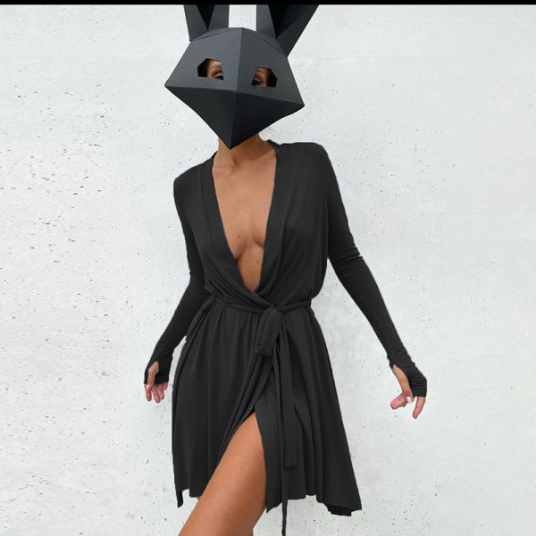 Autumn new style long-sleeved sexy strappy slim dress asymmetrical short skirt women