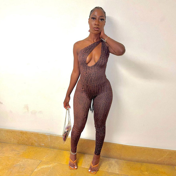 Sexy one-shoulder snakeskin suit female beach temperament cutout jumpsuit