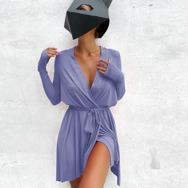 Autumn new style long-sleeved sexy strappy slim dress asymmetrical short skirt women