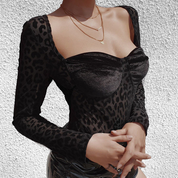 Sexy see-through net leopard pattern stitching one-piece women's long-sleeved square neck mesh slim slimming base coat