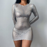Autumn new style diamond mesh hollow dress solid color bag hip skirt women