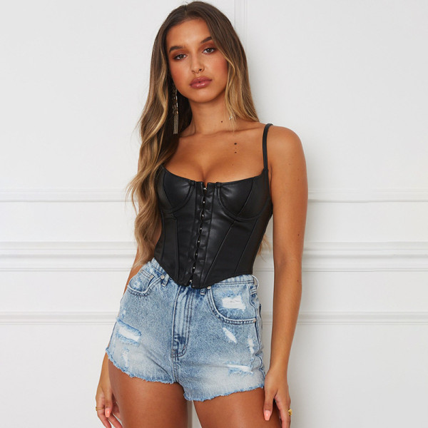 Simple breast cup breasted leather sling for women with sexy slim-fit U-neck vest