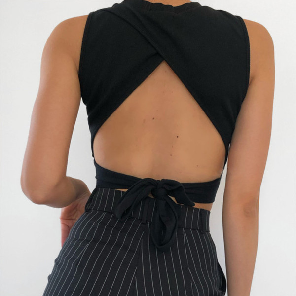 Halter cross tie bow tie women sweet sleeveless pullover round neck vest