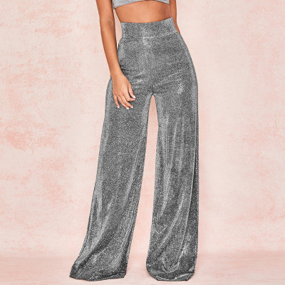 Silver shiny wide-leg pants women new loose high-waist catwalk catwalk trousers women