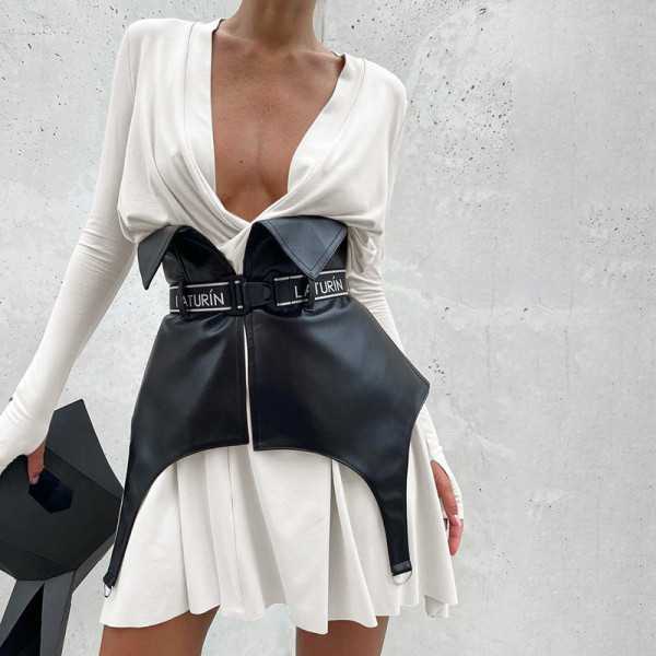 Autumn new style long-sleeved sexy strappy slim dress asymmetrical short skirt women