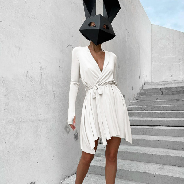Autumn new style long-sleeved sexy strappy slim dress asymmetrical short skirt women