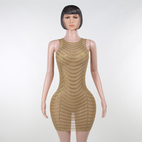Round neck vest hot-drilled granular texture dress, temperament commuter halterneck skirt