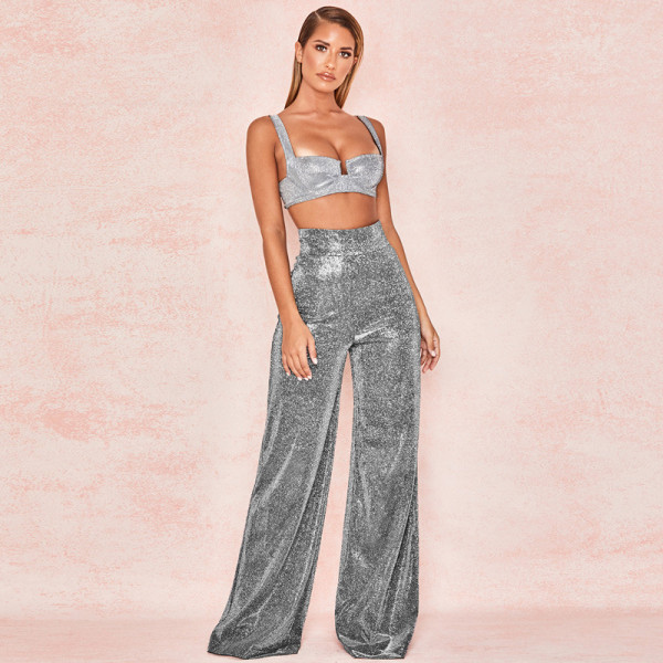 Silver shiny wide-leg pants women new loose high-waist catwalk catwalk trousers women