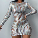 Autumn new style diamond mesh hollow dress solid color bag hip skirt women